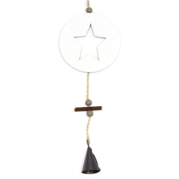 Χριστουγεννιάτικο Ξύλινο Αστεράκι, Λευκό με Μαύρο Καμπανάκι (35cm)